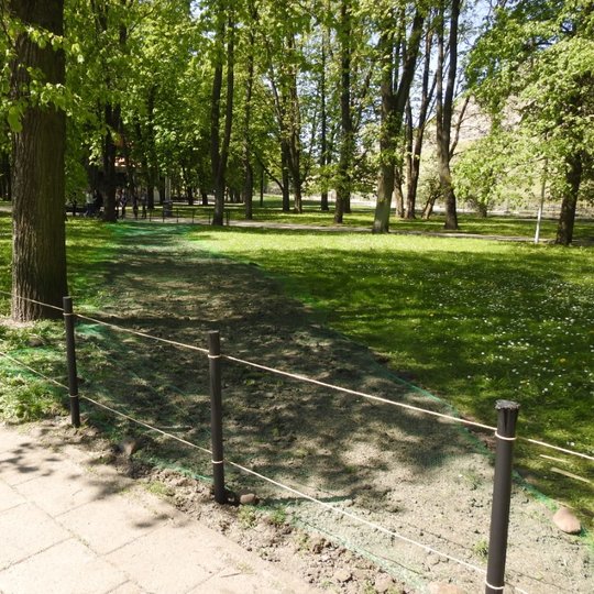 Bendras vaizdas po darbų - žemė supurenta, žolė pasėta, uždengta tinklu ir apjuosta kuoliukais bei virve.