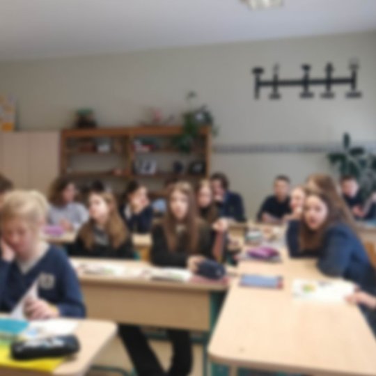 P. Vileišio progimnazijos penktokai, sėdintys pamokoje ir klausantys istorijos apie sukilimą.