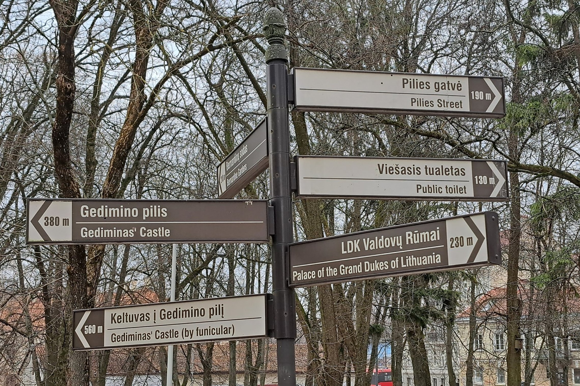 Nukreipiamosios rodyklės Sereikiškių parke. Tarp jų matosi ir sutvarkyta rodyklė, rodanti kryptį viešojo tualeto link.