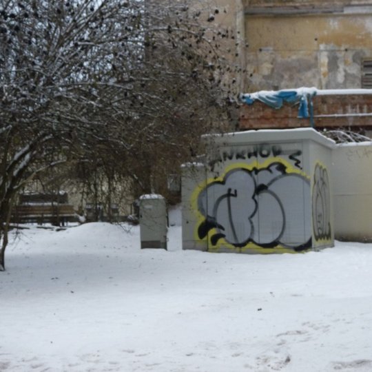 Elektros transofrmatorinė išdažyta vandalų dažais ilgai laukė, kol ją nuvalys.