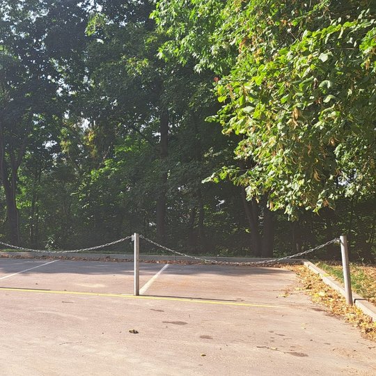 Dar ankstyvą rudenį, lapų žalumoje nufotografuota neįgaliųjų stovėjimo aikštelė, kurios kuolai yra pasvirę.