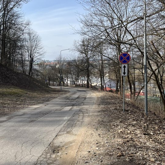 Atgal sumontuoti kelio ženklai kelyje iš Kalnų parko į Tado Kosciuškos gatvę.