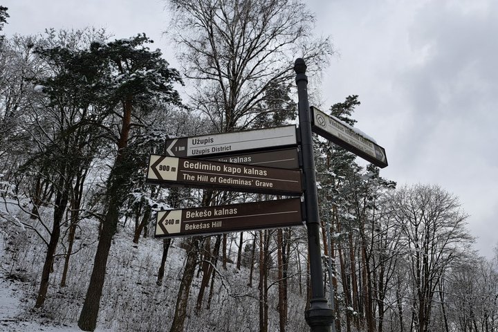 Sutvarkyta Gedimino kapo kalno link kryptį nurodanti rodyklė.