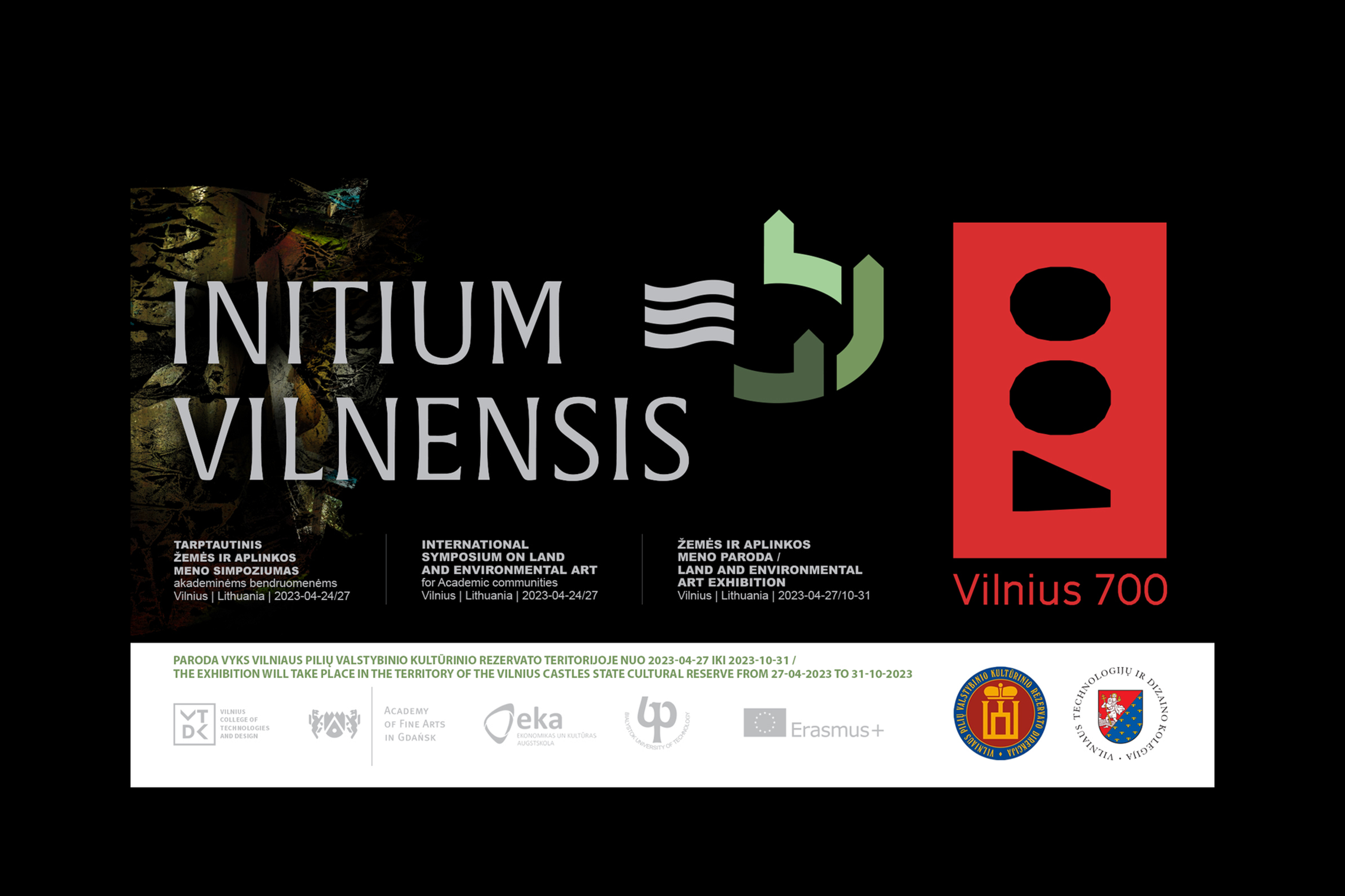 Reklaminis INITIUM VILNENSIS plakatas. Renginys vyks nuo balandžio 24 iki 27 dienos. Tarptautinis žemės ir aplinkos meno simpoziumas.