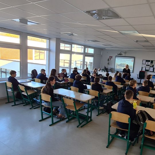 Iš klasės galo nufotografuota pamoka, kurioje dėstoma edukacija.