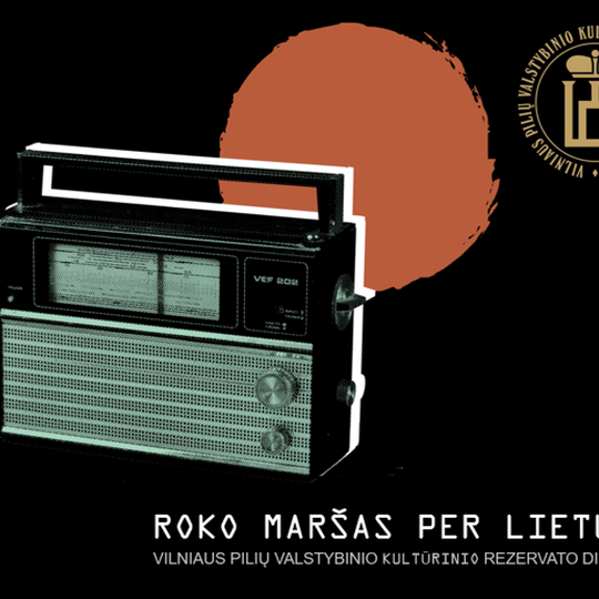 Roko maršo virtualus plakatas, kuriame matosi radijas, raudona saulė ir Vilniaus pilių logotipas.