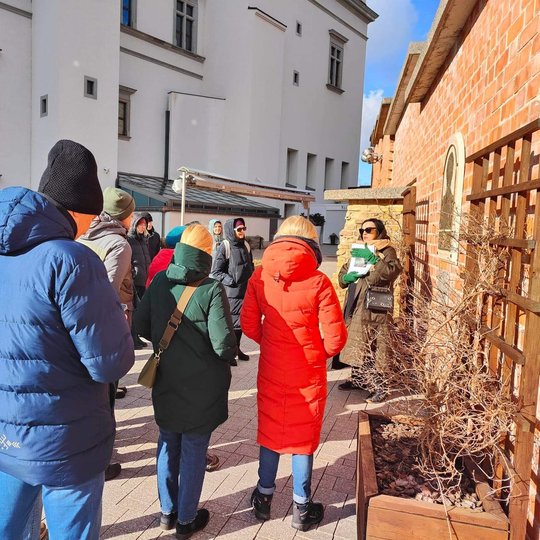 Renesansiniame Valdovų rūmų kieme, gidė susirinkusiems žmonėms pasakoja apie valdovų šeimos istorijas.  
