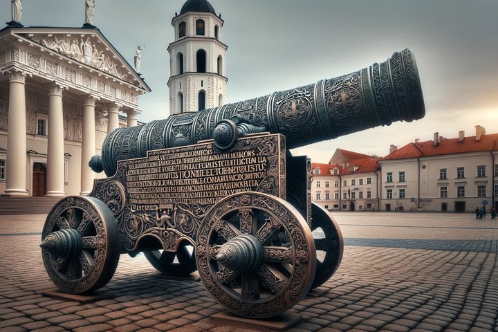 Nuotraukoje gotiškais raštais puošta patranka, stovinti priešais Katedrą ir jos varpinę.