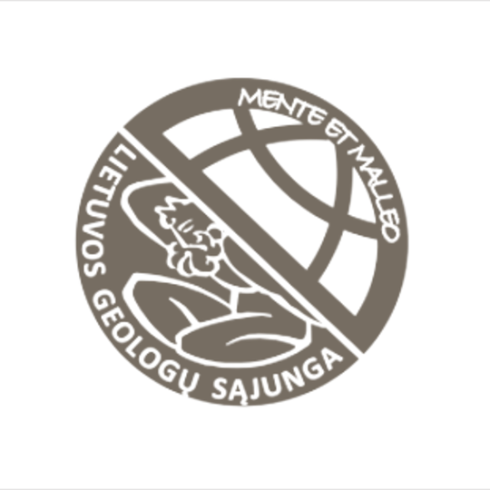 Lietuvos geologų sąjungos logotipas su moto. Logotipe pavaizduotas titanas Atlasas laikantis pasaulį.