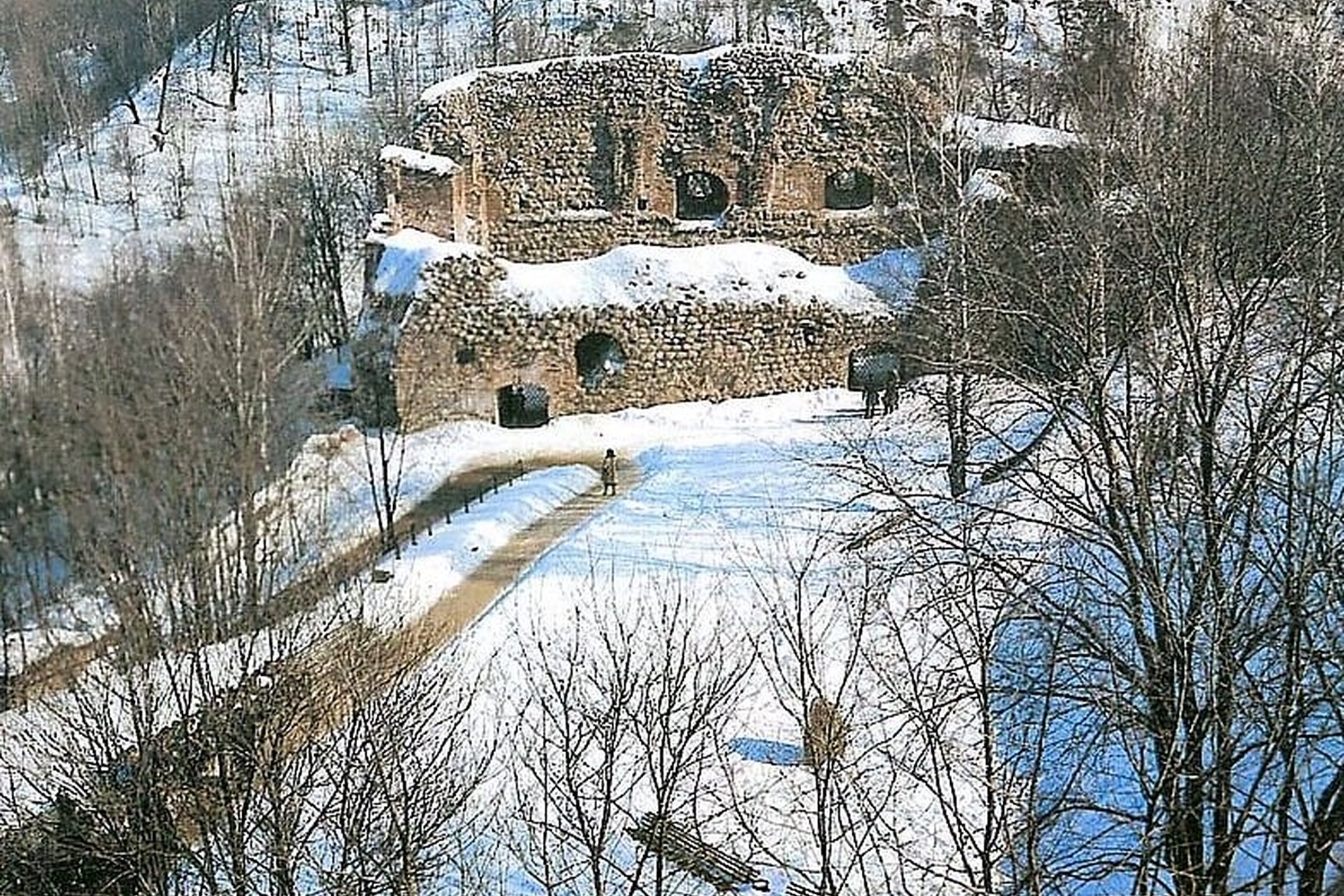 Aukštutinės pilies, valdovų rezidencijos liekanos žiemą. Tolumoje matosi Kreivosios pilies kalnas apaugęs medžiai, tačiau medžiai be lapų.
