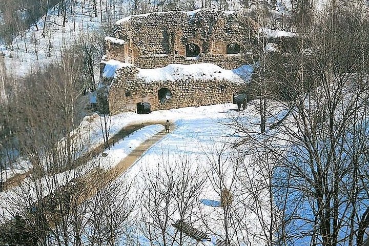 Aukštutinės pilies, valdovų rezidencijos liekanos žiemą. Tolumoje matosi Kreivosios pilies kalnas apaugęs medžiai, tačiau medžiai be lapų.