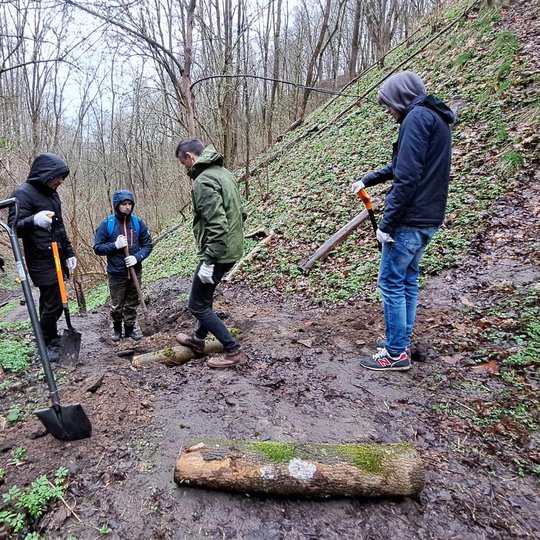 Nuotraukoje keturi savanoriai. Vienas tvirtina pirmąjį rąstą laiptams, o kiti trys jį palaiko morališkai.