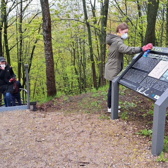 Savanorė purškia valiklį ant apipaišyto stendo ant Gedimino kapo kalno.