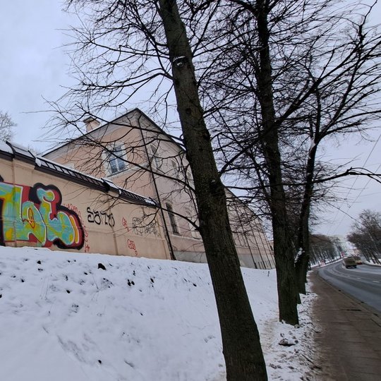 Graffiti dažais apipiešta tvora, fotografuota dar žiemą.