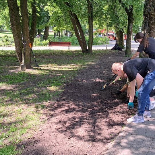 Užbaigiamas antras išmintos vejos takas. Savanoriai purena ir grėbia žemę.