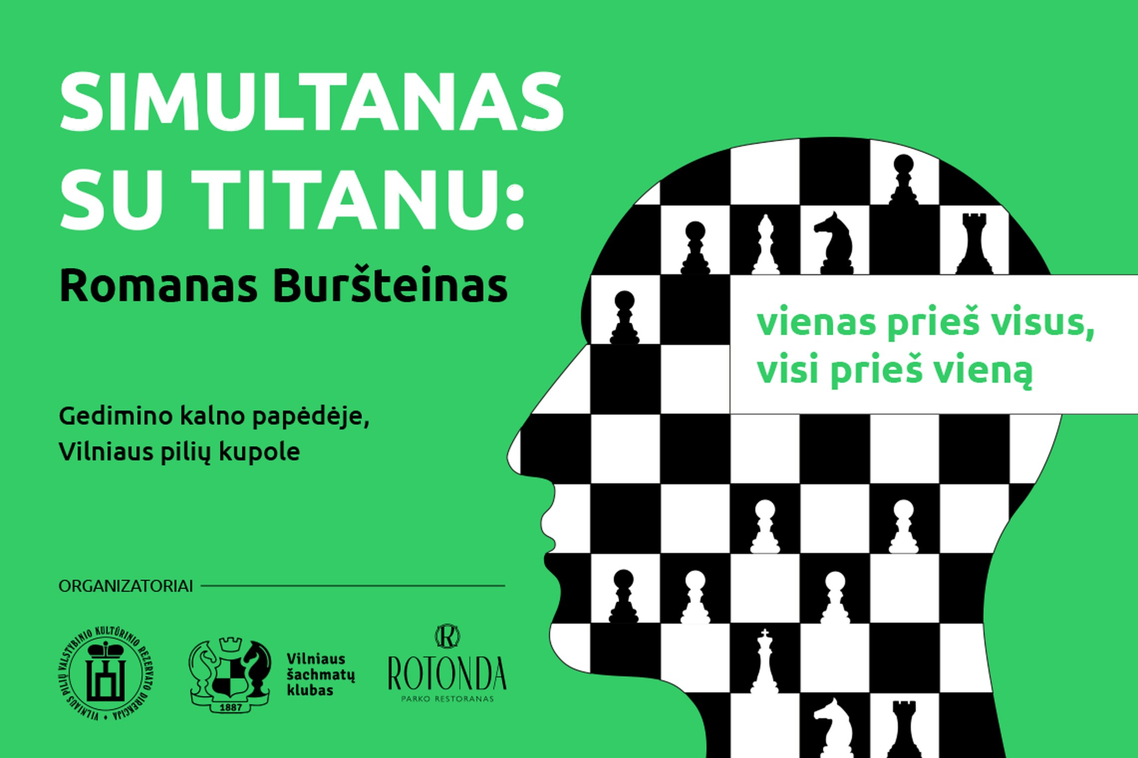 Žalias plakatas su šachmatų lentos ornamentu margintu siluetu.