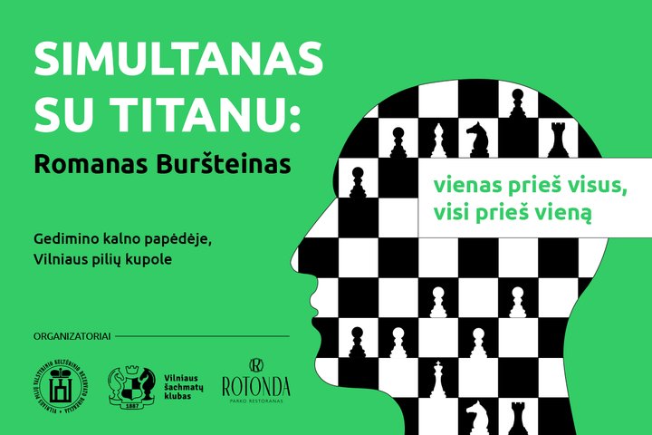 Žalias plakatas su šachmatų lentos ornamentu margintu siluetu.