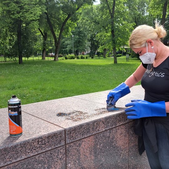 Savanorė valo Sereikiškių parką ir Katedros aikštę skiriančias granito plokštes.