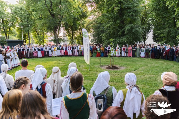 Milžiniška minia tautiniais rūbais pasipuošusių žmonių stovi ratu aplink pasodintą ąžuolą Sereikiškių parke.