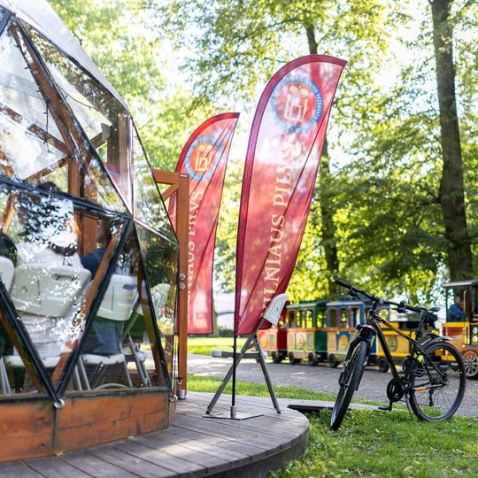 Vilniaus pilių kupolo durys, vėliavos ir dviratis. Fone matosi Sereikiškių parko traukinukas.