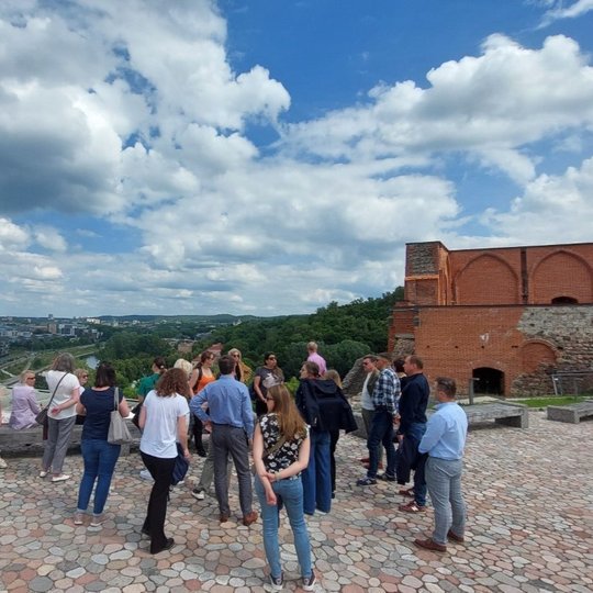 Grupė žmonių Gedimino pilies kalno viršutinėje aikštelėje.
