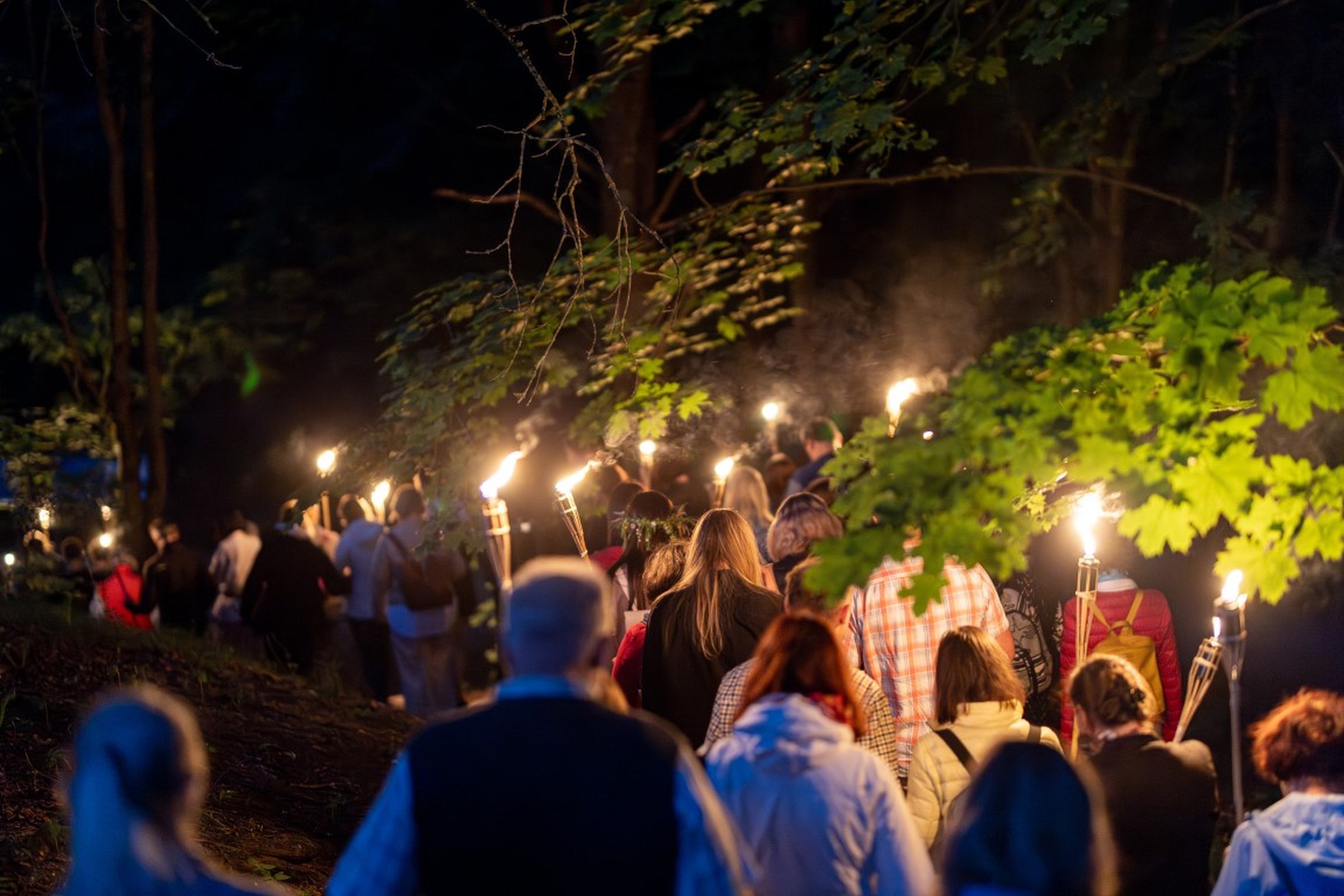 Grupė žmonių, fotografuoti iš nugaros, naktį einantys per Kalnų parką, rankose laikantys deglus.