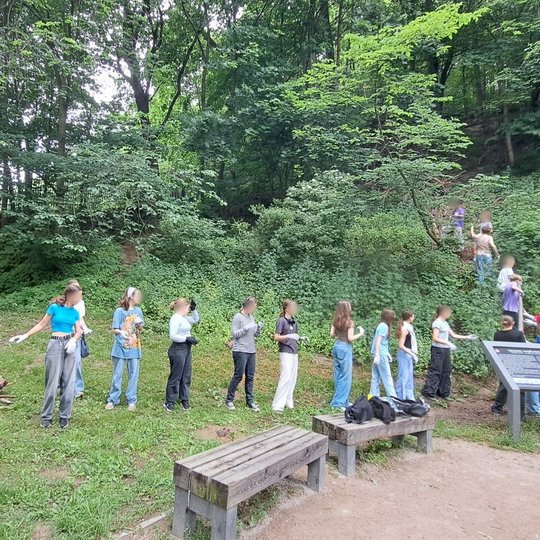 Mokiniai sustojo vorele, perdavinėdami vieni kitiems šakas. Taip dirbti lengviau.