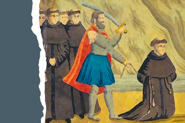 Tapytas paveikslas, kuriame didikas Pranciškonų vienuoliui ruošiasi kirsti galvą. Už jo stovi būrys kitų vienuolių, surištomis rankomis.