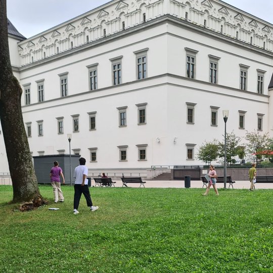 Vaikai žaidžia orientacinį žaidimą Sereikiškių parke prie Valdovų rūmų.