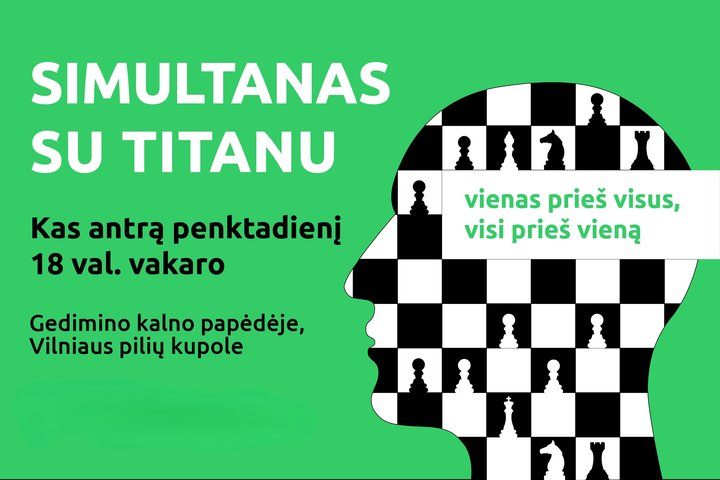 Žalias plakatas, kuriame yra žmogaus veido siluetas, spalvintas šachmatų ornamentu. Kviečiama prisijungti žaisti šachmatus Vilniaus pilyse, Sereikiškių parke.
