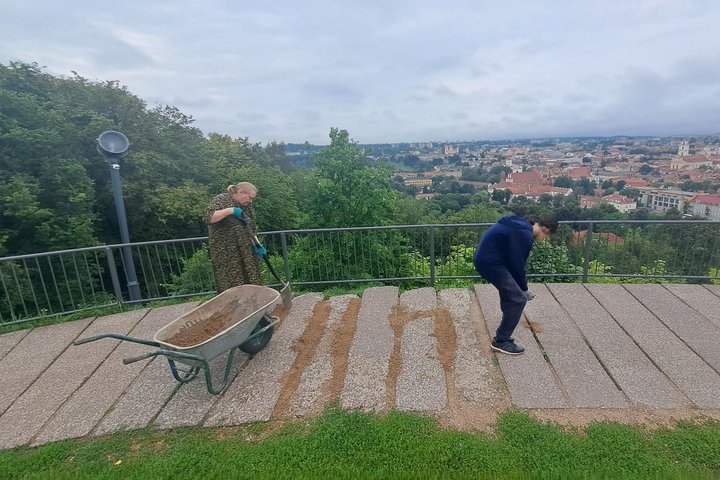Moteris kastuvu pila skaldą į aikštelės plyšius, o vaikinas lygina ir spaudžia skaldelę.