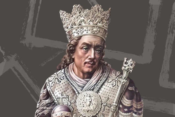 Tapytas Jogailos biustas, kuriame jis liūdnas, dėvi baltą karūną, baltus puošnius drabužius ir laiko baltą obuolį.