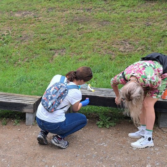 Trys savanoriai net susilenkę pluša valydami graffiti nuo lauko suolų.