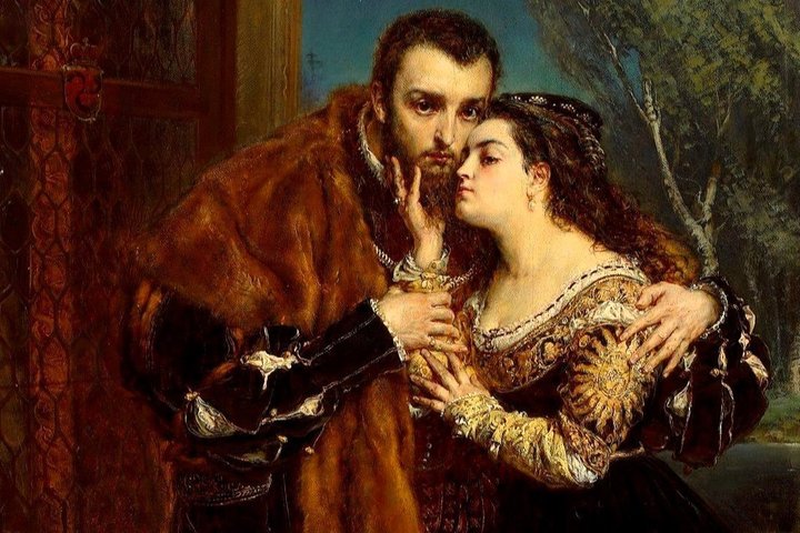 Paveiksle vaizduojami Žygimantas Augustas ir Barbora Radvilaitė, apsikabinę.
