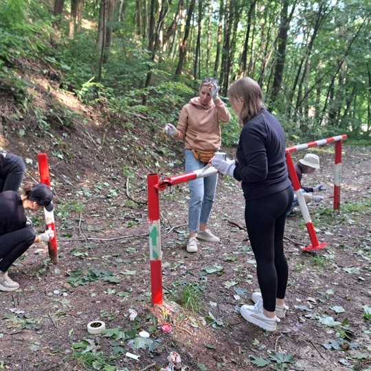 Penkios savanorės dažo Stalo kalno atitvarą.