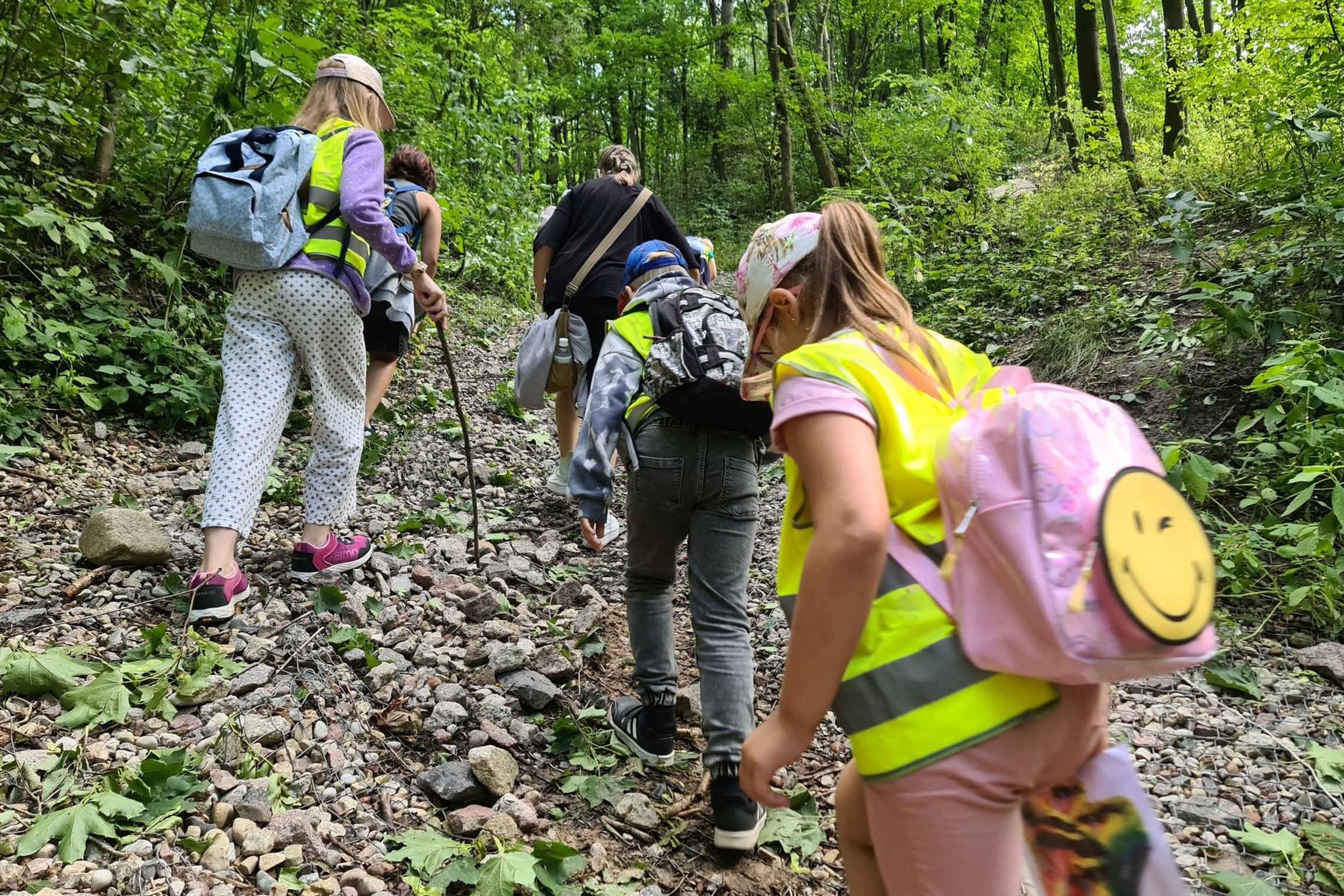 Vaikai lipa aukštyn Didžiaja griova. Aplink matosi miškas.