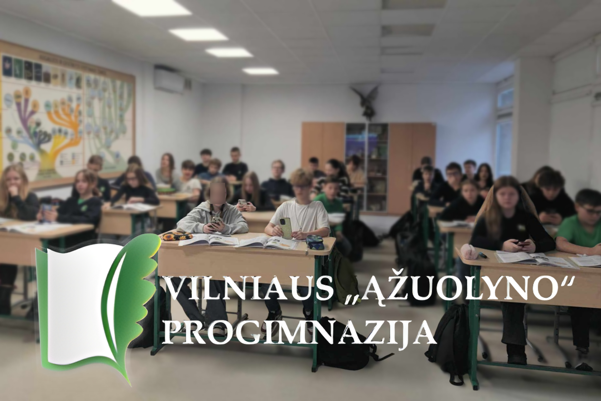 Nufotografuota didelė šeštokų klasė. Mokiniai sėdi po du ir žiūri tiesiai į kamerą, bet vaizdas yra išblūkęs ir sukoncentruotas į didelį užrašą nuotraukos pačioje „Vilniaus „Ąžuolyno“ progimnazija“. Kabinetas šviesus, yra knygų lentyna, iš šono didelis pl