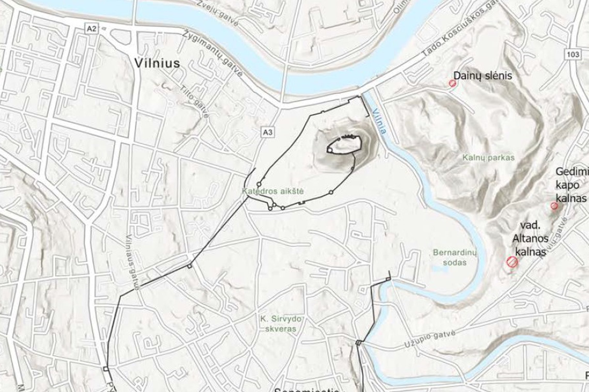 Nuotraukoje pavaizduotas Vilniaus miesto topografinis žemėlapis. Jame yra daug įvairių gatvių, upės Neris bei Vilnia. Dešinėje pusėje esančiame Kalnų parke raudonais apskritimais paryškintos Dainų slėnio, Gedimino kapo kalno ir Altanos kalno vietovės.
