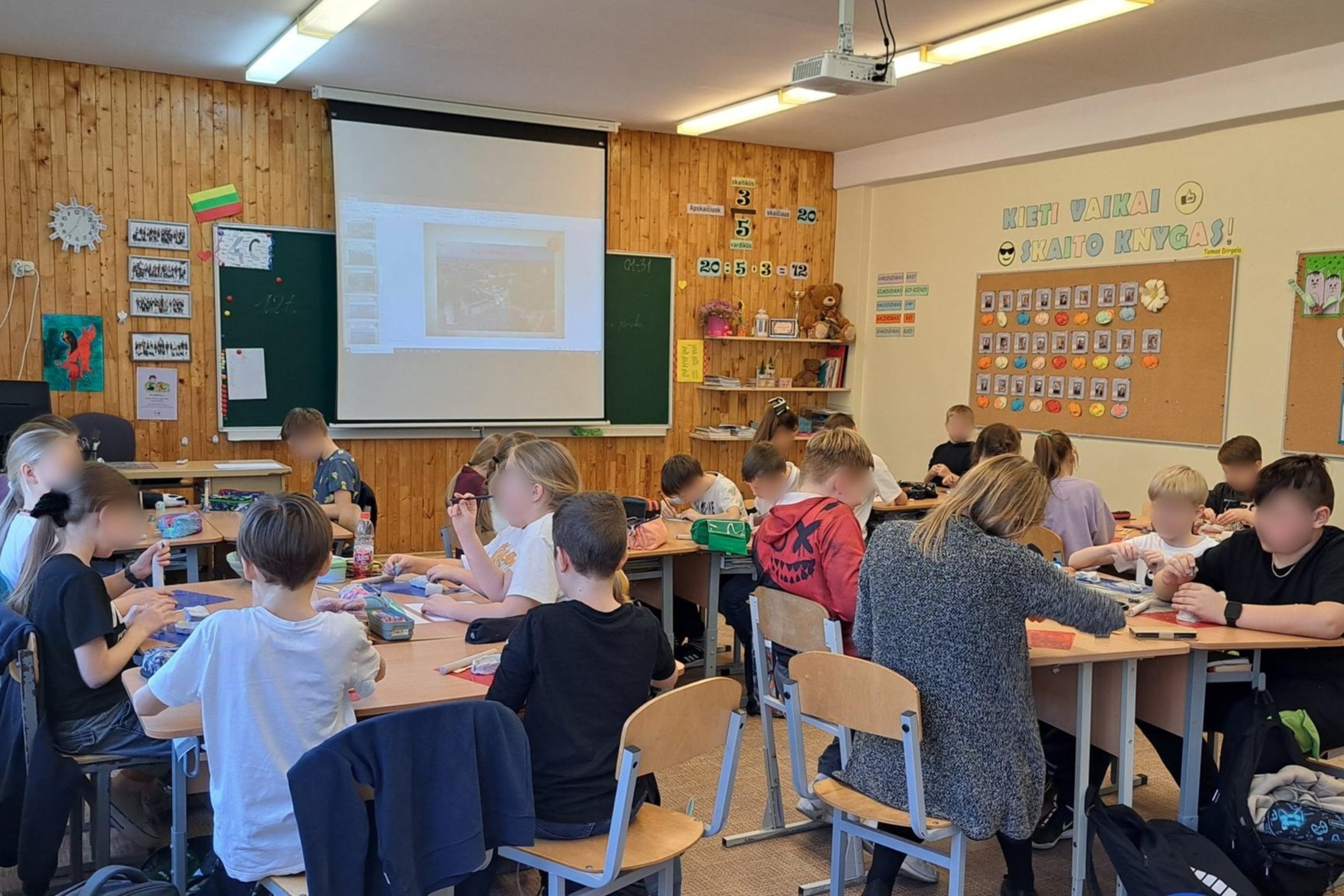 Nuotraukoje vaizduojama klasė, vaikai susėdę prie stalų susikaupę dirba, jų veidai paslėpti. Klasės priekinė siena medinė, ant jos kabo lenta ir ištiestas projektorius. Aplink lentą pakabintos įvairios nuotraukos ir dekoracijos. Ant šoninės sienos pakabin