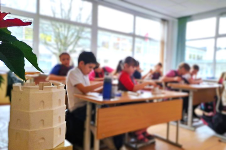 Nuotraukoje matyti klasė, kurioje mokiniai sėdi suoluose ir atlieka užduotis. Priekyje, fokuse, matomas augalas ir Gedimino pilies bokšto maketas. Klasėje yra dideli langai, pro kuriuos sklinda ryški šviesa. Mokiniai atrodo susikaupę ir įsitraukę į veiklą