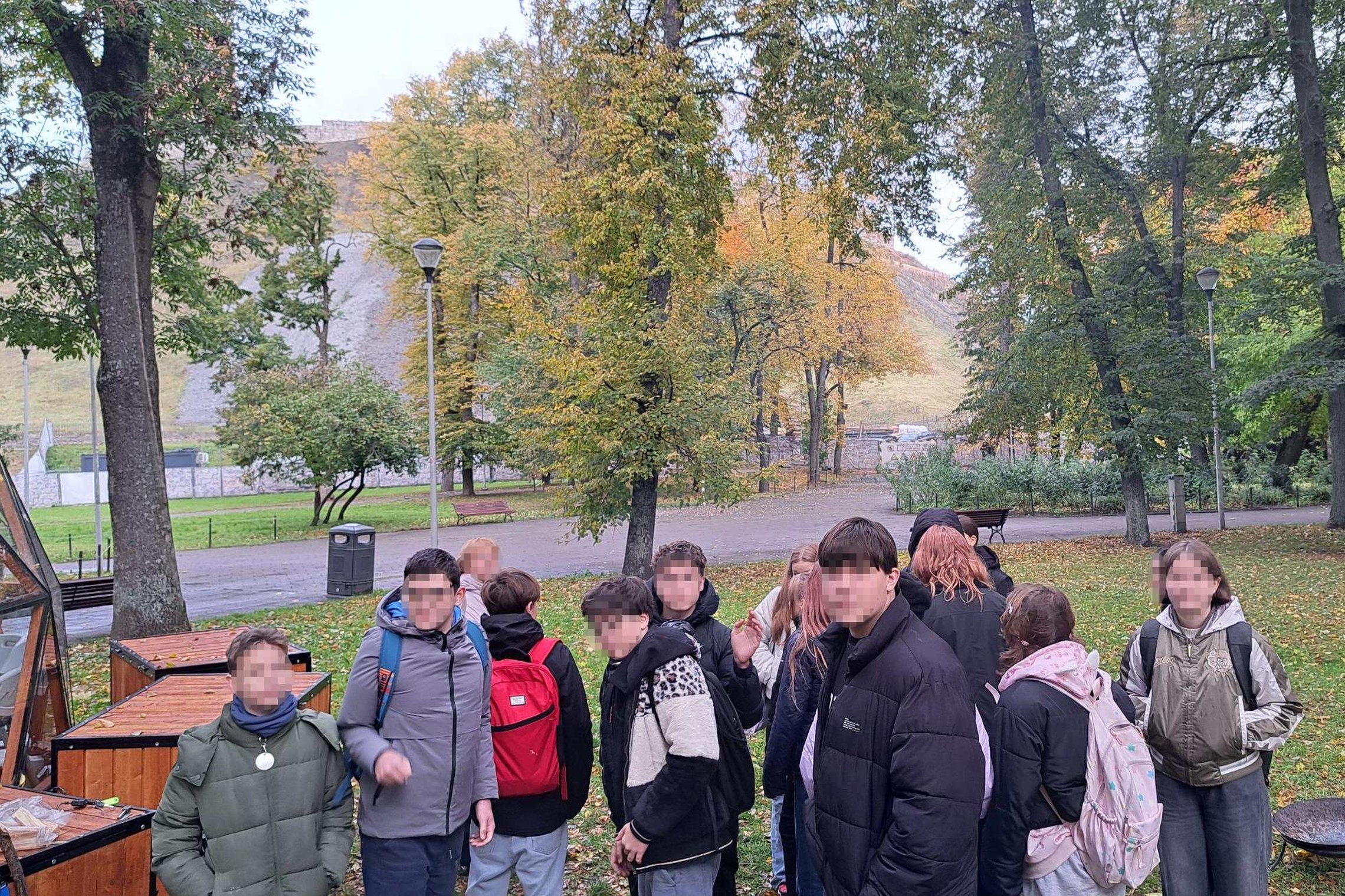 Mokinių grupė lauke prie medžių rudenėjančiame parke, tolumoje matomas kalno šlaitas