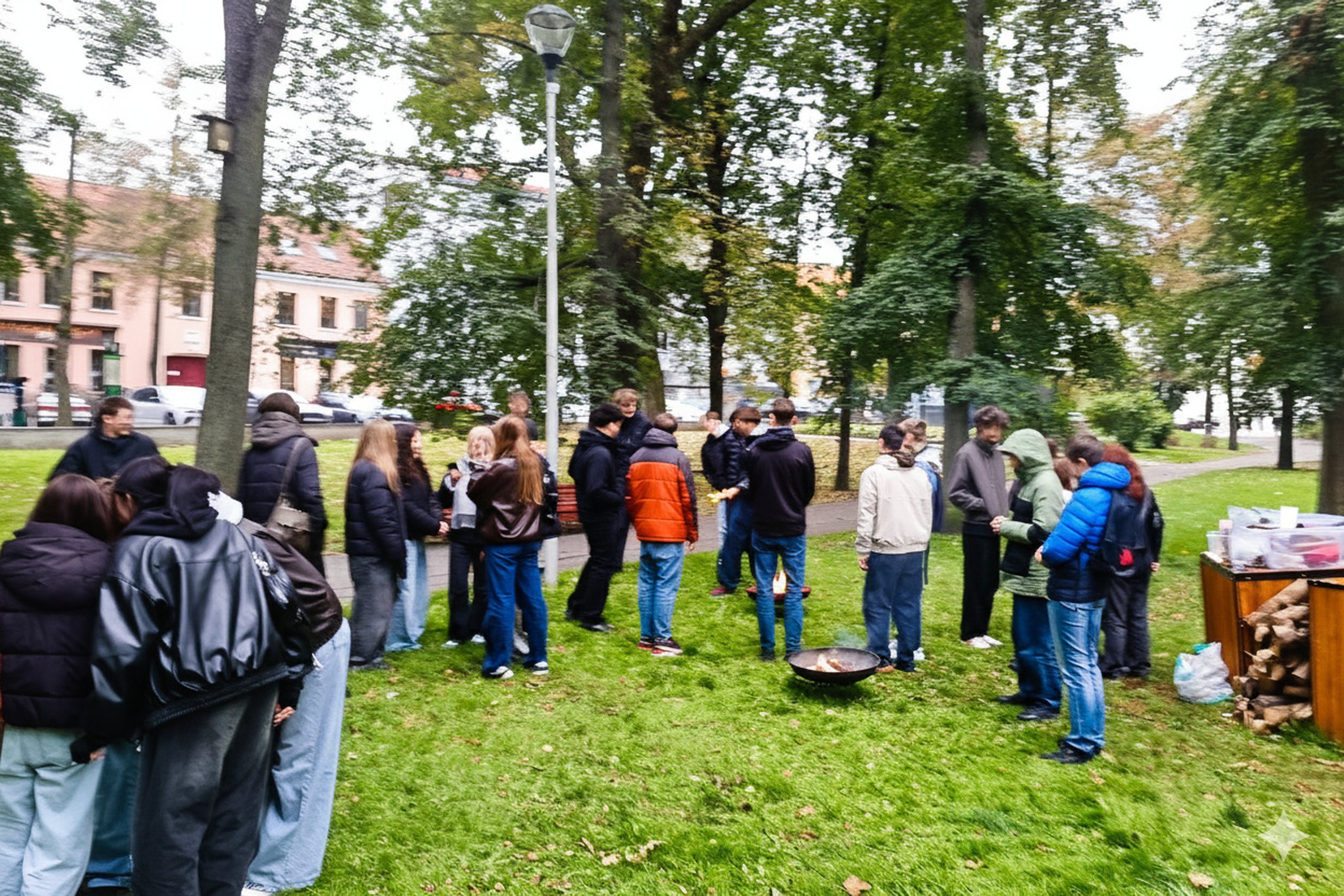 Moksleivių grupė stovi prie laužavietės ant žolės šalia Vilniaus pilių kupolo, vyksta edukacija apie ugnies reikšmę.