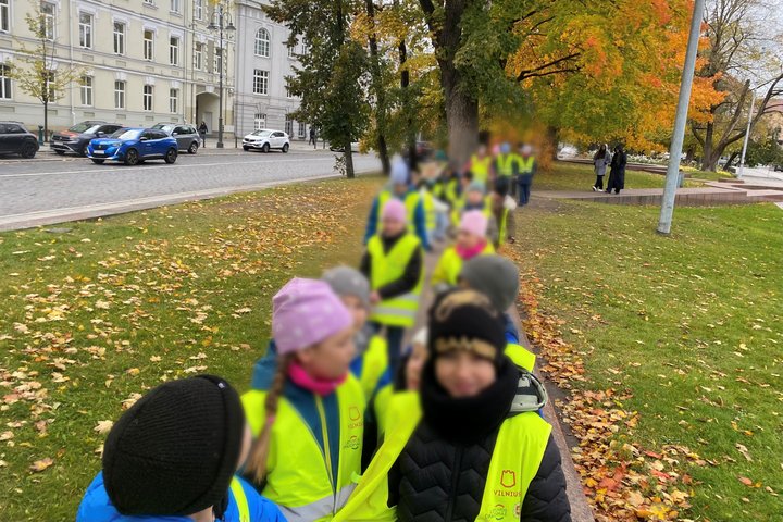 aikų grupė su ryškiaspalvėmis liemenėmis žygiuoja šaligatviu palei medžiais apsodintą gatvę rudenį, aplink krenta geltoni ir oranžiniai lapai
