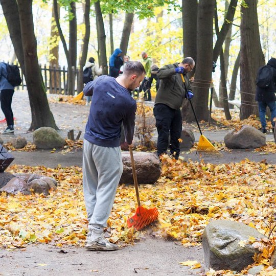 Žmonės Trijų Kryžių kalno centrinėje dalyje esančiame akmenų rate grėbia lapus