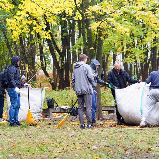 Savanoriai Trijų Kryžių kalno šiaurinėje dalyje rudeniniais medžių lapais užpildė du didžiulius maišus