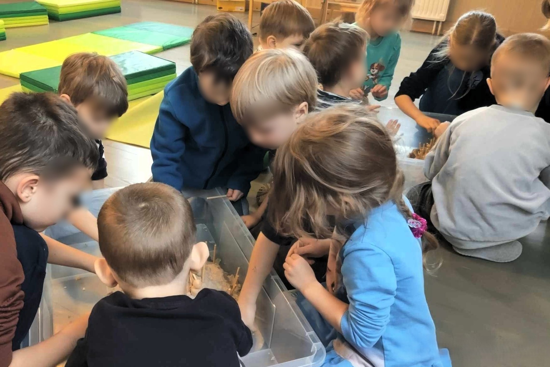 Nuotraukoje matoma grupė vaikų, susitelkusių aplink skaidrų konteinerį, kuriame, atrodo, yra įvairios gamtinės medžiagos ar eksponatai. Vaikai aktyviai tyrinėja ir tyrinėja, rodo didelį susidomėjimą veikla. Kambario aplinka yra šviesi ir šiuolaikiška, su 