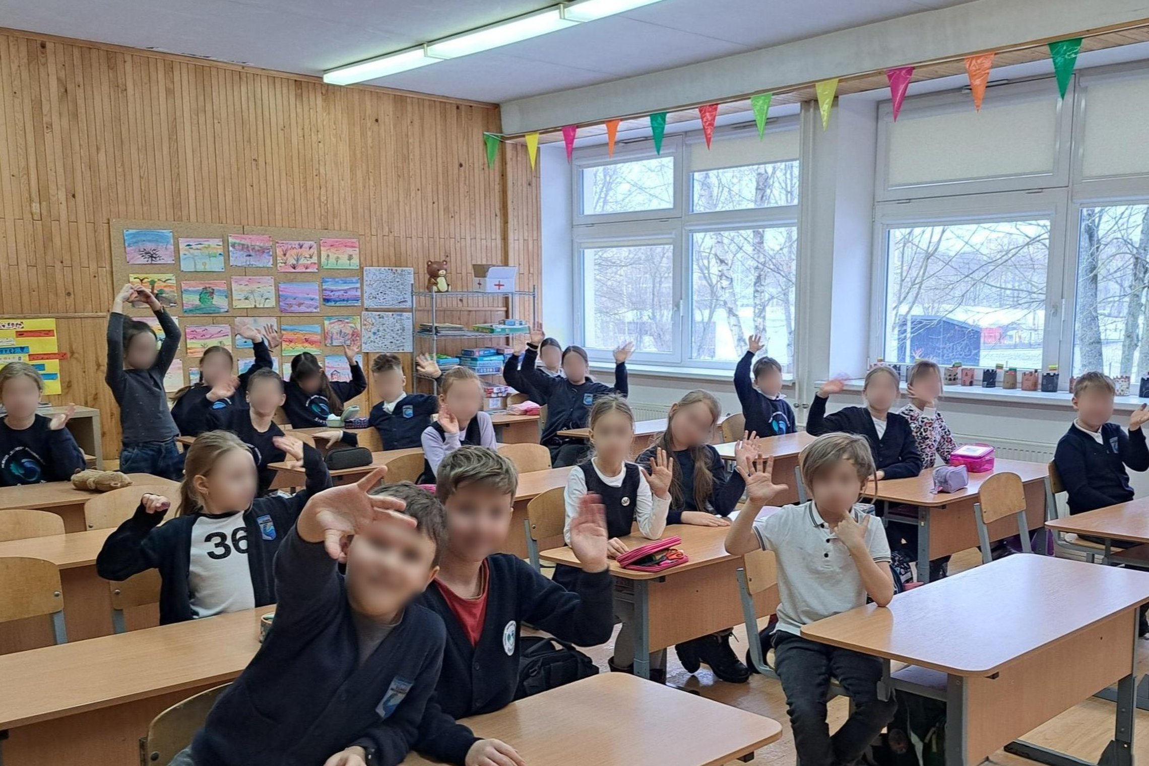 Nuotraukoje vaizduojama klasė. Vaikai susėdę suoluose mojuoja nuotrauką darančiam žmogui, jų veidai paslėpti. Klasės gale ant sienos yra sukabinti spalvoti vaikų piešiniai, o šoninėje sienoje įrengti langai, virš kurių yra pakabintos spalvotos trikampės v