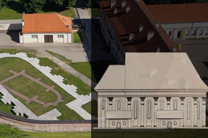 Šv. Onos Barboros bažnyčios pamatai ir vizualizuota rekonstruota bažnyčia Gedimino kalno papėdėje, Vilniaus pilių teritorijoje.