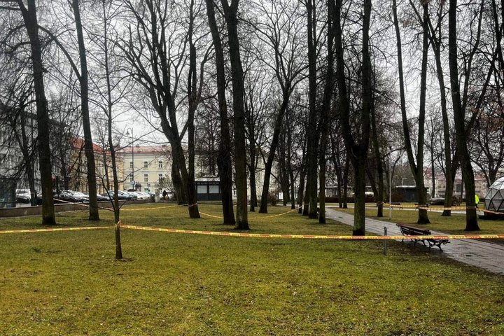 Lietingą dieną nufotografuotas vaizdas iš Vilniaus pilių teritorijos su medžiais, šlapiu takeliu ir suoliuku dešinėje pusėje. Teritorija yra aptverta geltona juosta su įrašu „STOP“, kuri žymi laikiną priėjimo ribojimą – galimai dėl vykdomų darbų ar gamtos