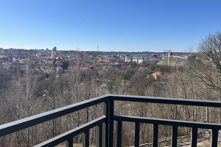 Nuotraukoje atsiveria įspūdinga Vilniaus panorama, užfiksuota nuo Altanos kalno bokštelio apžvalgos aikštelės. Priekyje matomas metalinis turėklas, žemiau – dar nuplikę pavasariniai medžiai. Fone atsiveria senamiestis su raudonų stogų jūra, Šv. Jonų bažny